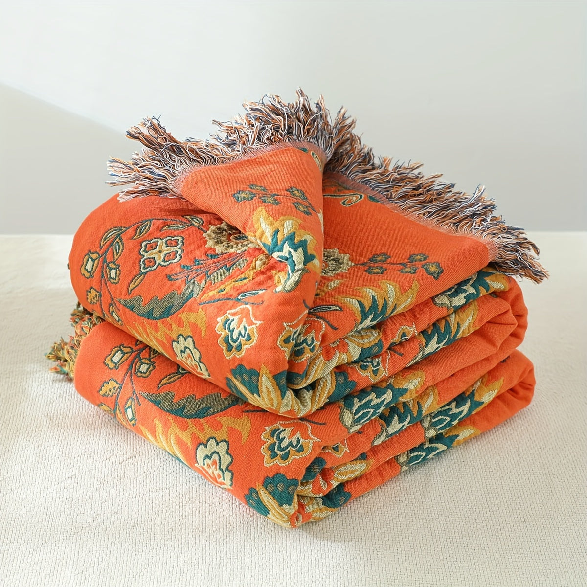 Vintage Floral Cotton Sofa Towel Blanket with Tassels Multi-Functional Nap Cover