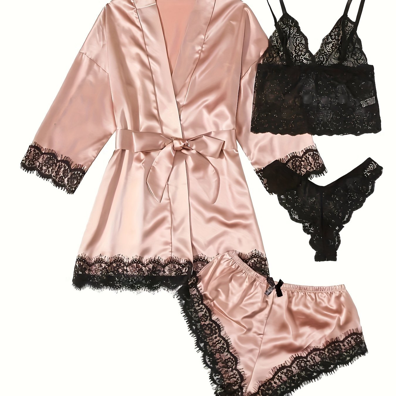 Lace Trim Sleepwear Set with Glossy Pajamas 4 Pieces for Adults