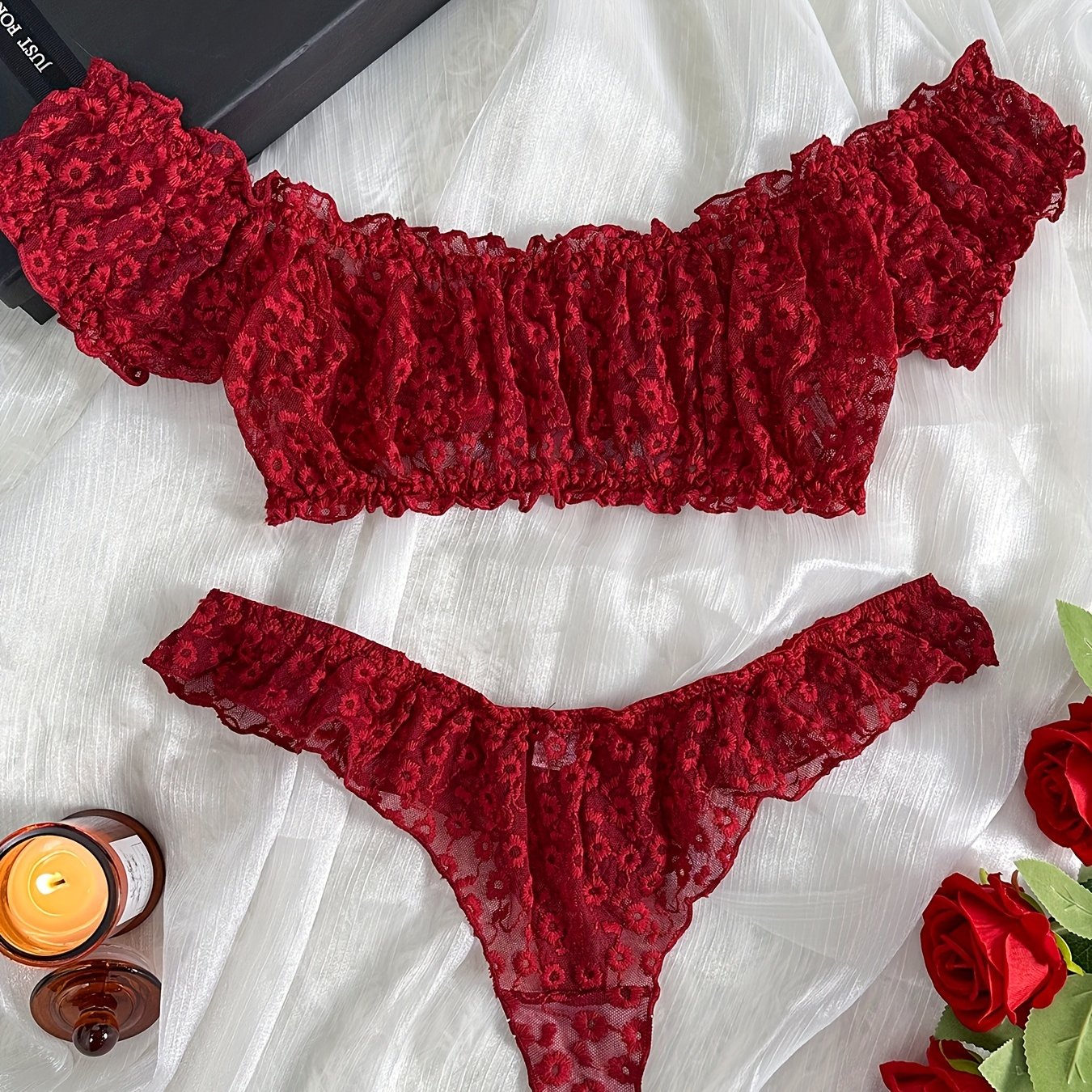 Women's Floral Embroidery Lingerie Set with Crop Top and Lettuce Trim Panty