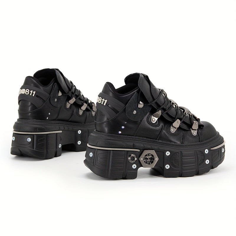 Women's Black Punk Platform Sneakers High Heel Round Toe Outdoor Shoes
