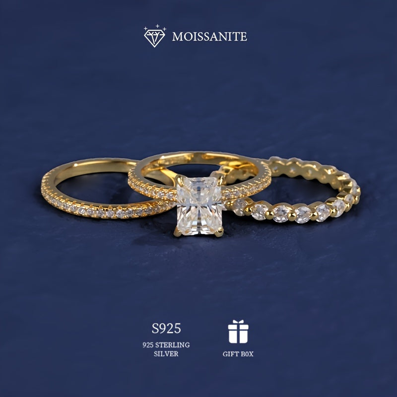 Women's 3-Piece Beaded Stacking Rings with 2ct and 3ct Rectangular Moissanite Sterling Silver