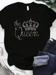 Plus Size Women's Rhinestone Crown T-Shirt Crew Neck Short Sleeve Polyester Knit Spring Summer