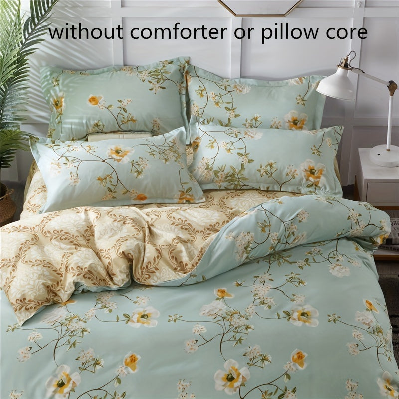 Floral Duvet Cover Set 4 Pieces Polyester Bed Bedding with Pillowcases and Flat Sheet