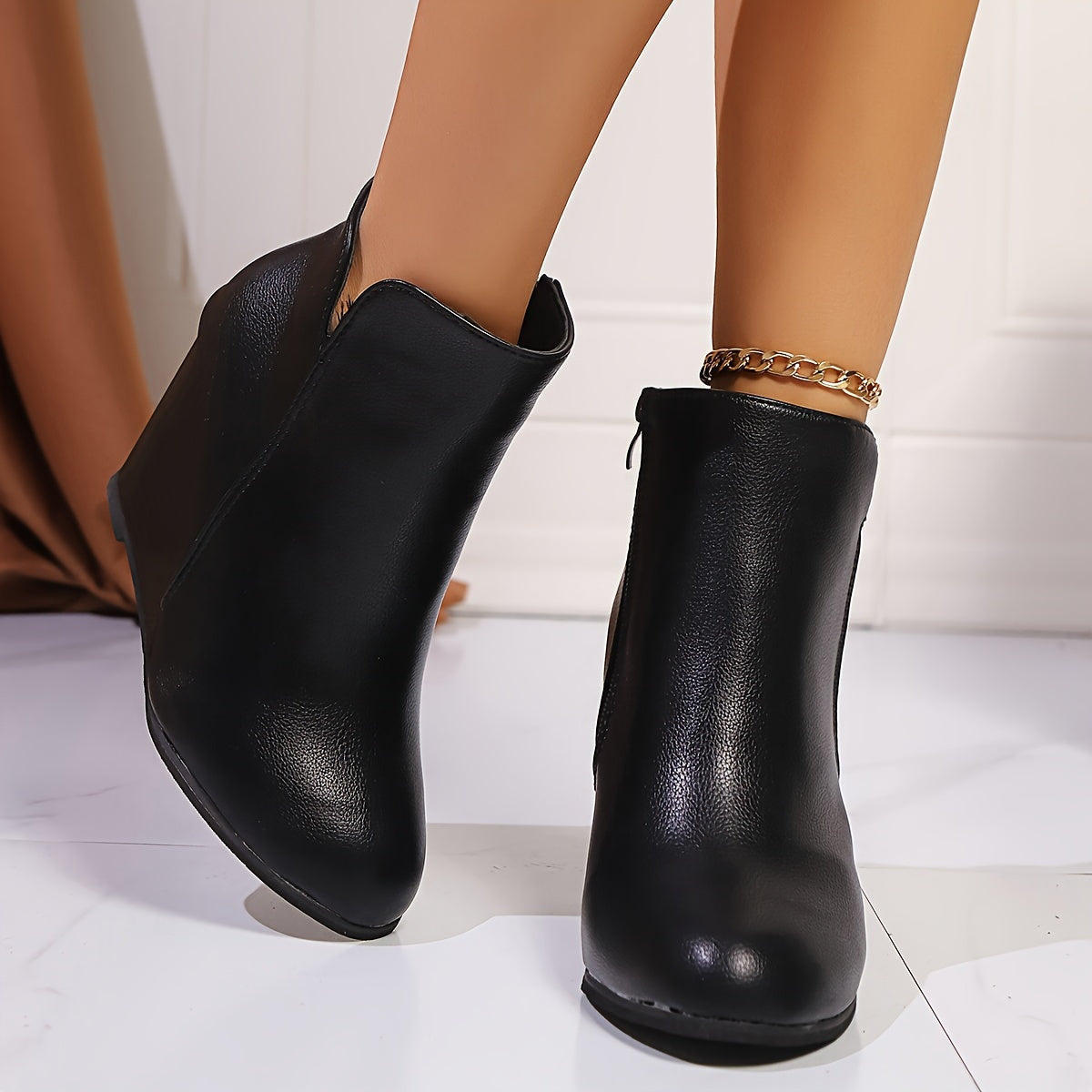 Women's Black Wedge Ankle Boots Slip-On Side Zipper Casual Fashion