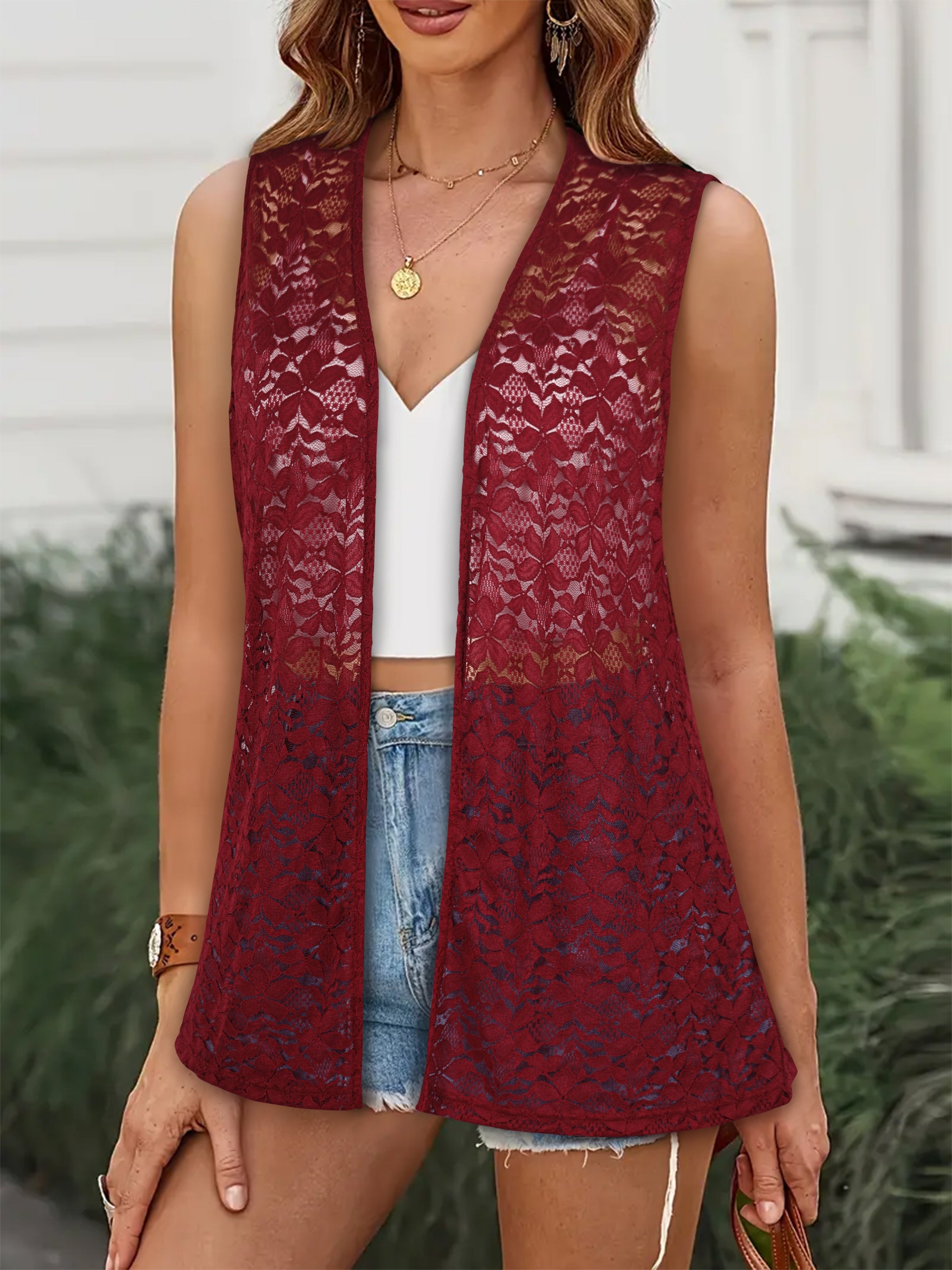 Plus Size Women's Sleeveless Cardigan Sheer Lace Burgundy Floral Open Front