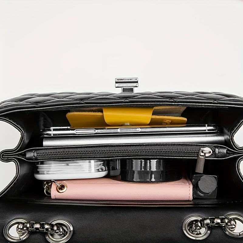 Black Faux Leather Crossbody Bag with Chain Strap for Women