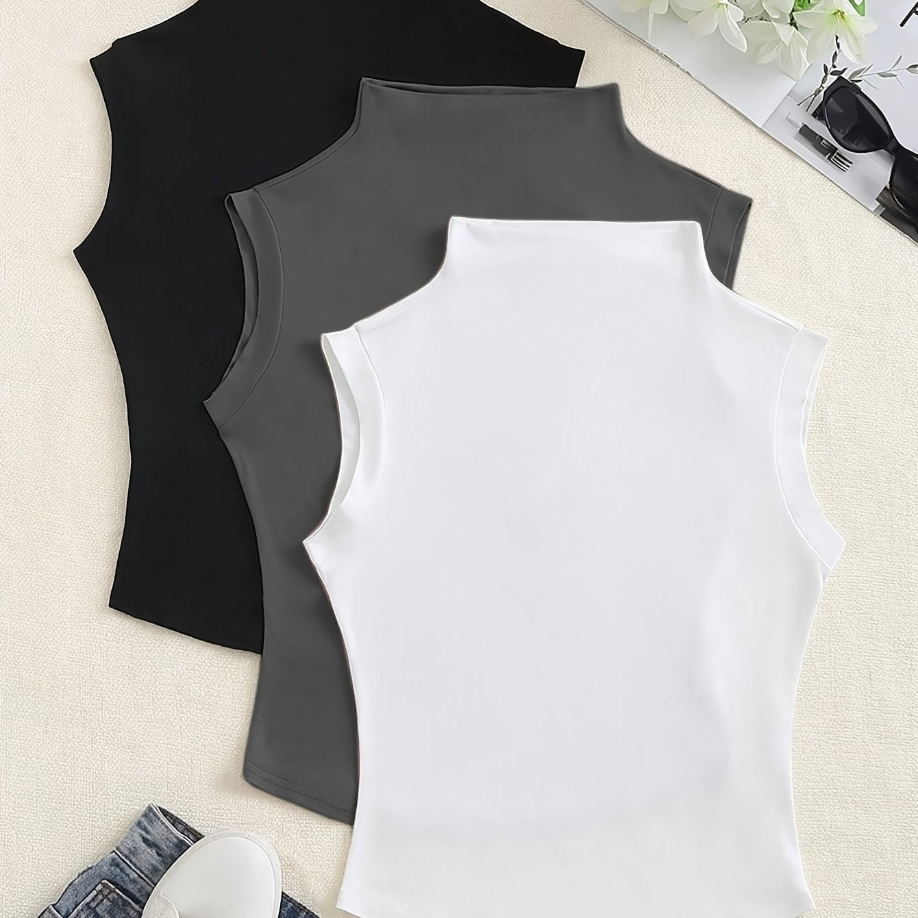 3-комплект стильных женских безрукавных нарядов с маленьким стоячим воротником