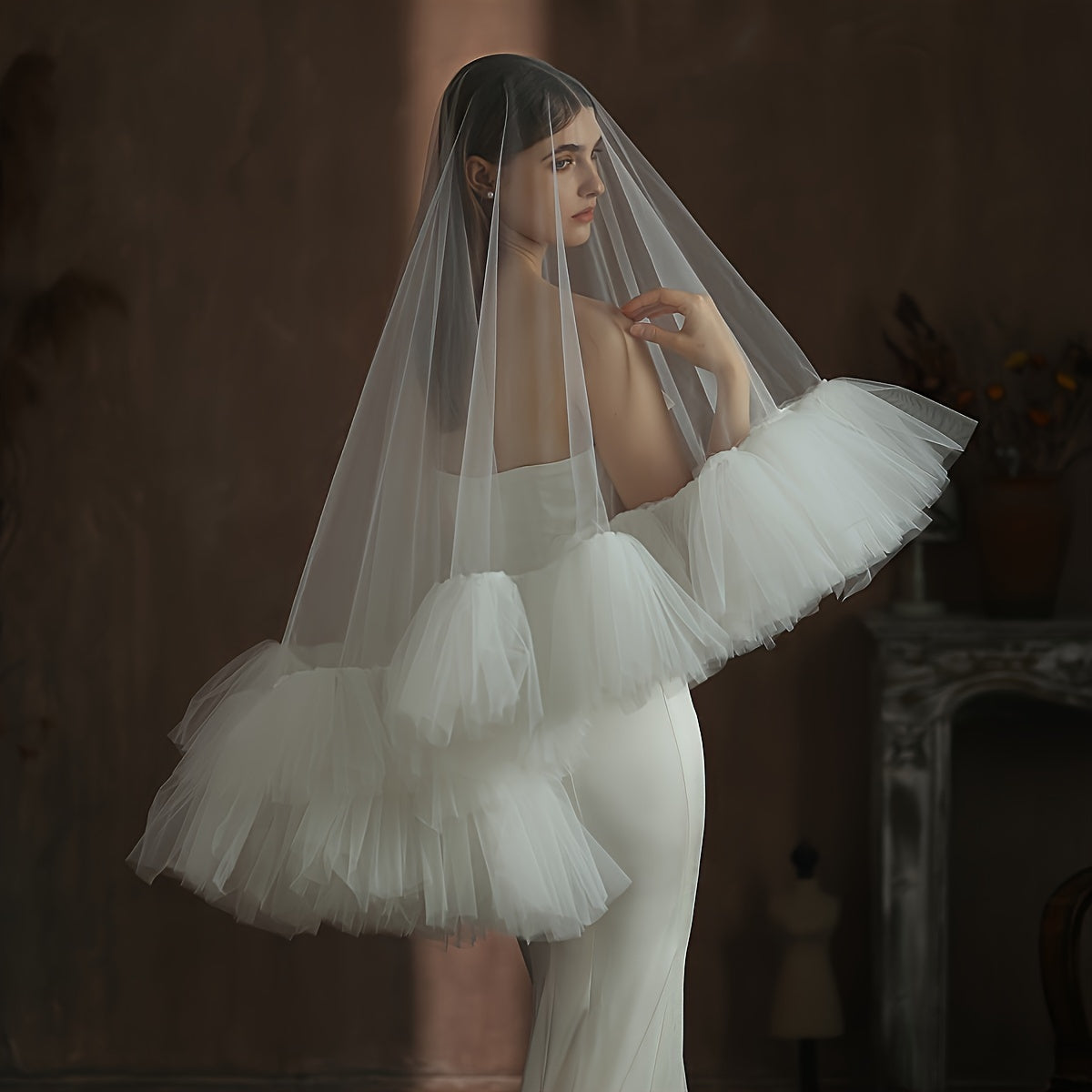 Large White Tulle Bridal Veil with Ruffle Fringe Puff Style for Wedding Photography