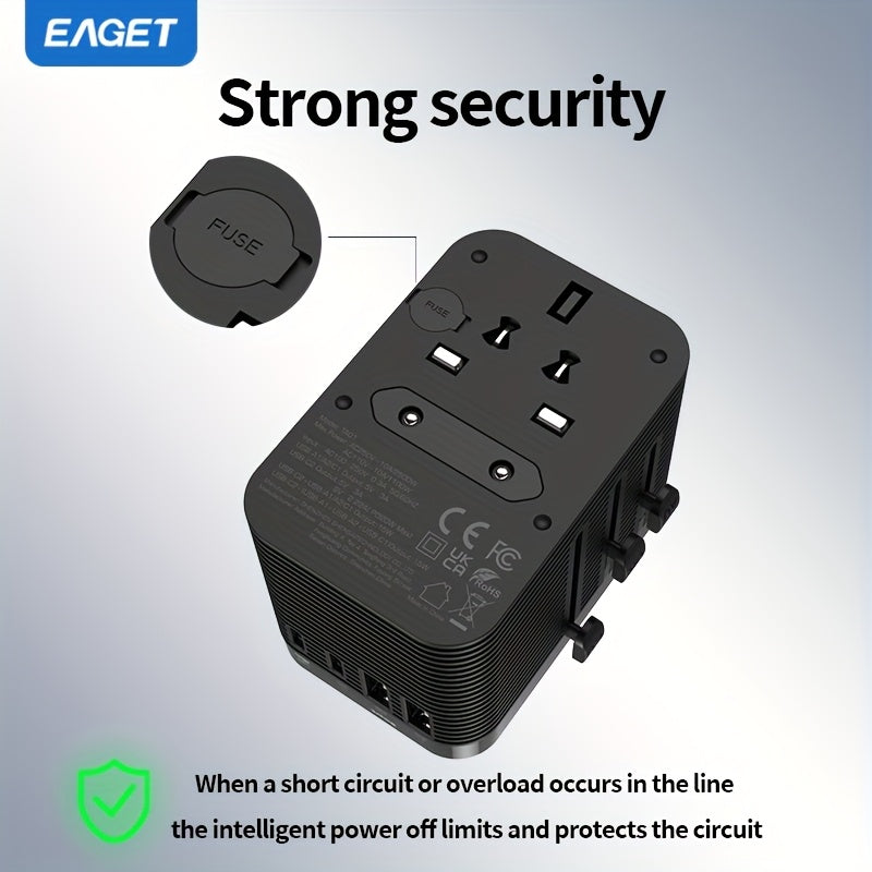 EAGET PD 20W Universal Sayohat Zaryadlovchisi 2 USB-A va 2 USB-C Port bilan, iPhone, Samsung, Vivo, Xiaomi uchun Tez Zaryad, Bir nechta Mamlakatlar uchun Barcha-in-Bir Socket Adapter, Siqilgan va Mustahkam.