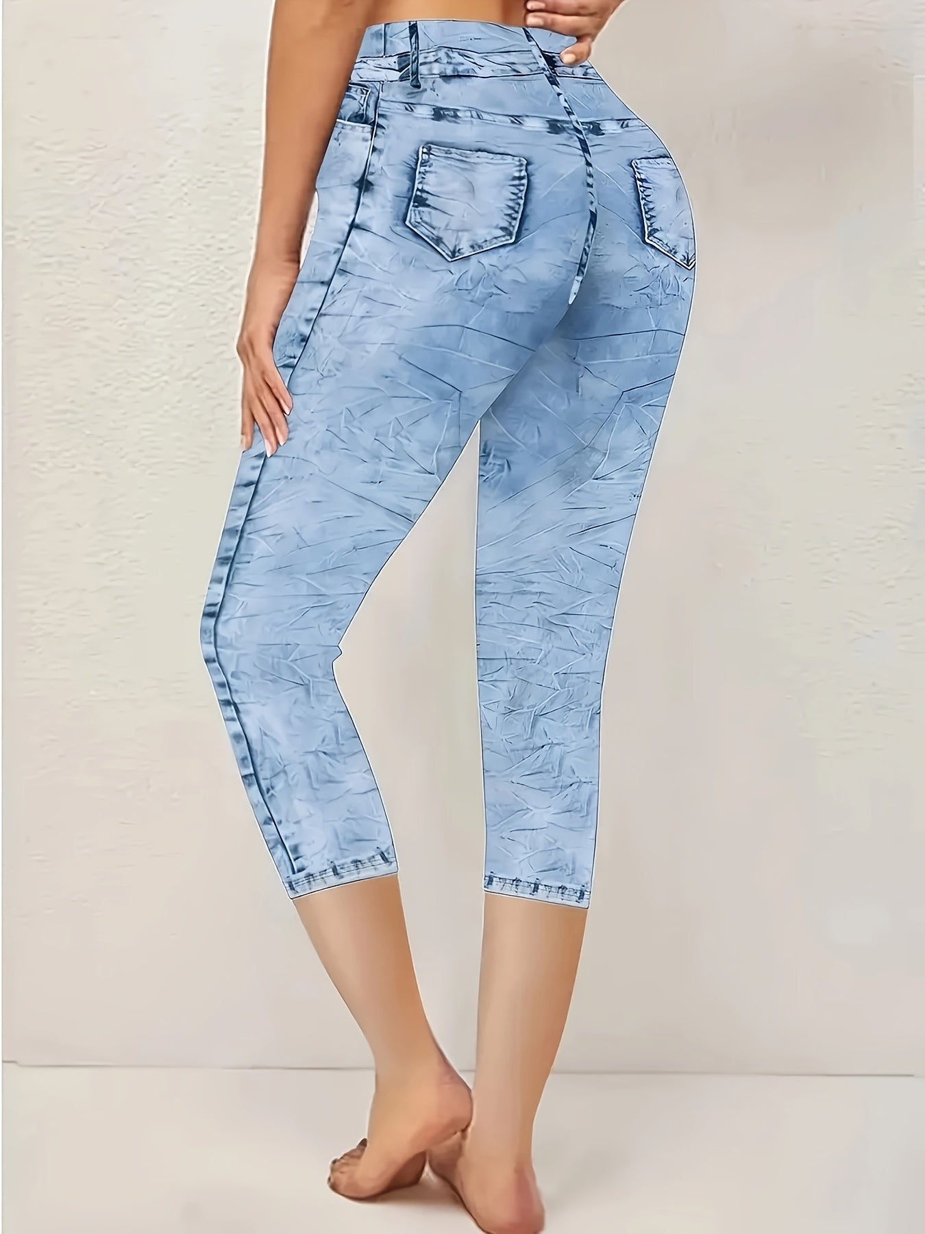 Women's Stretchy Denim Capris with Floral Print Elastic Waist Summer Pants