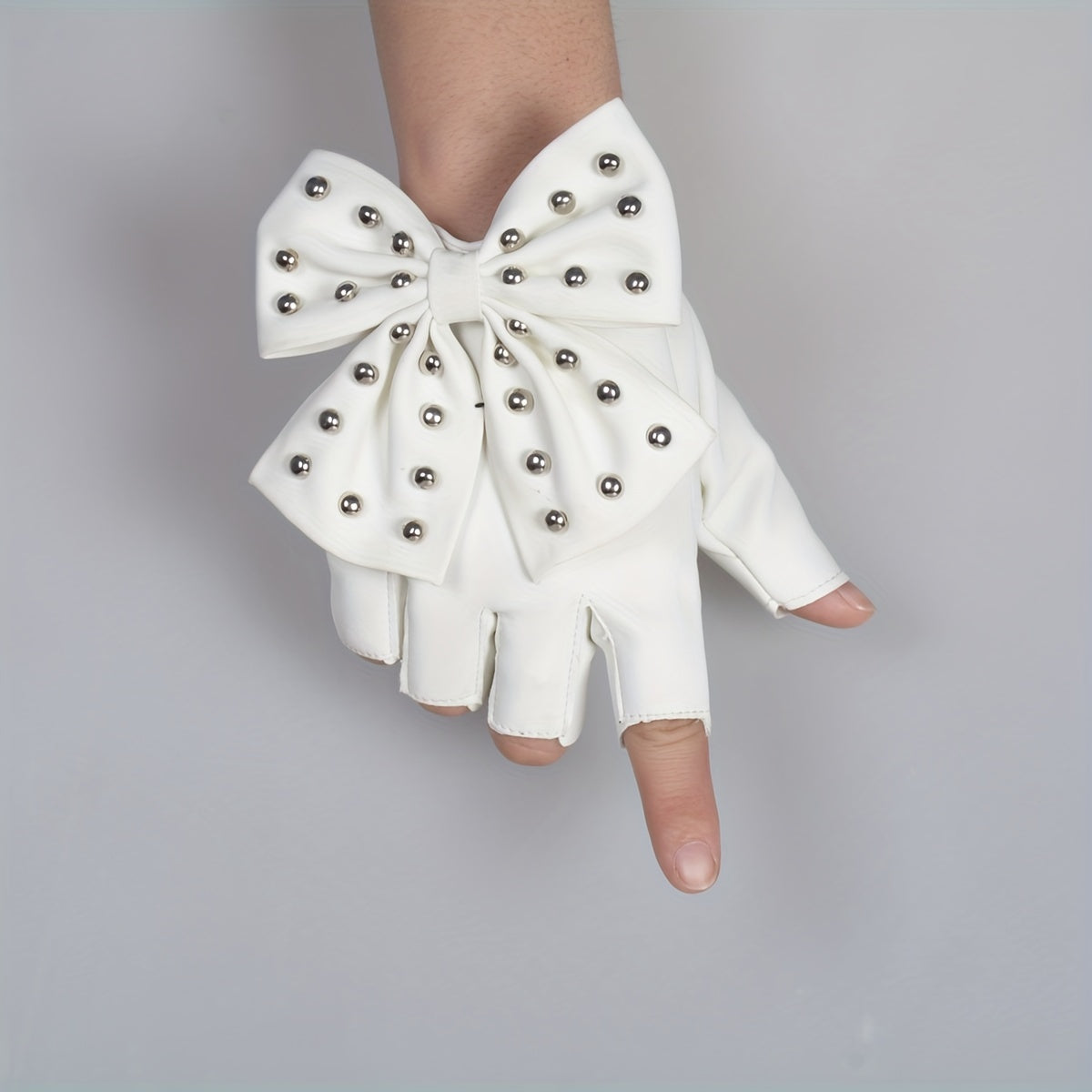 Women's Half Finger Rivet Bow PU Leather Gloves for Punk Dance and Hip Hop
