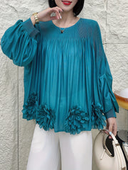 Women's Oversized Pleated Blouse with Floral Applique Light Blue Long Sleeve