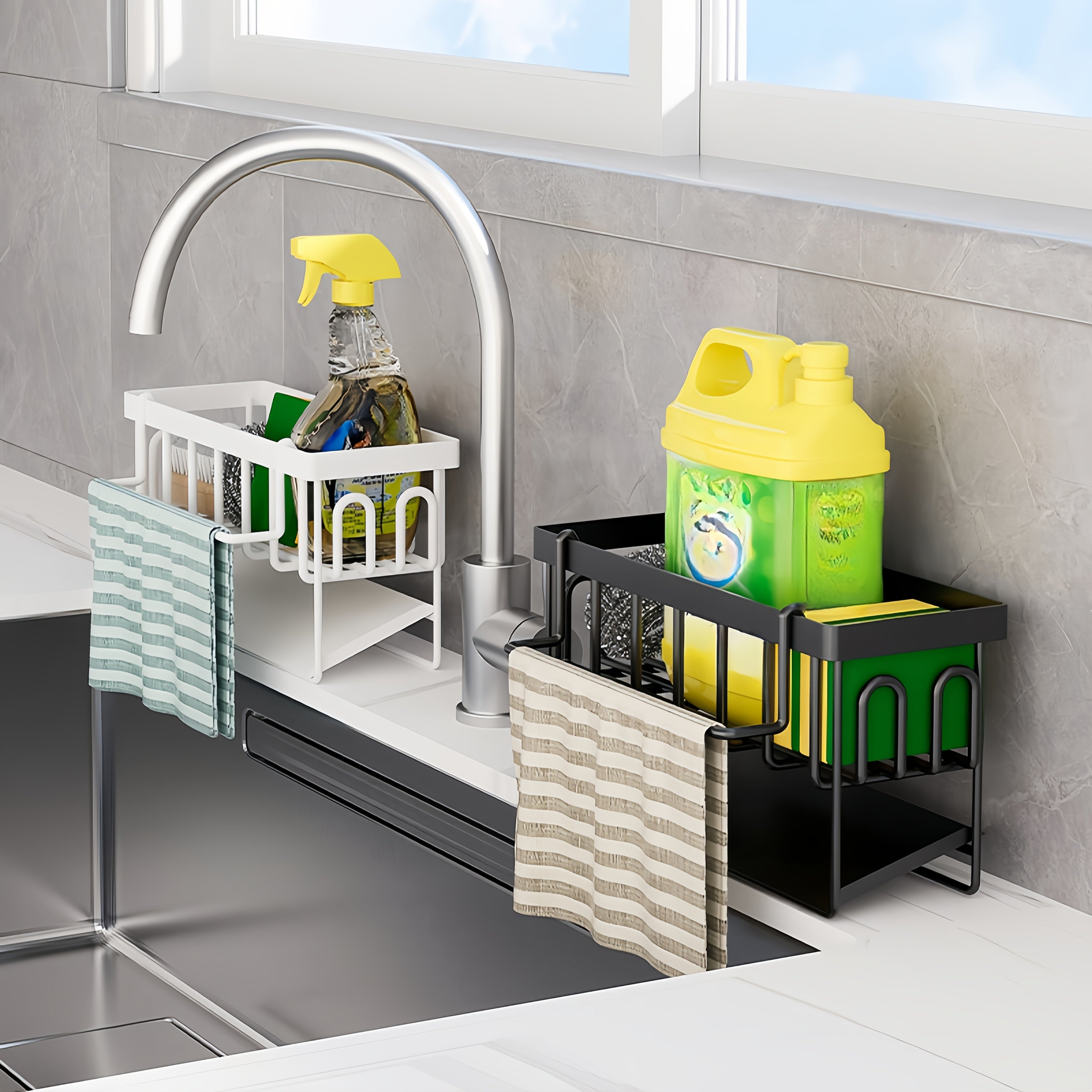 Organizador de fregadero de cocina con soporte para toallas, soporte para esponjas de metal, soporte para jabón y drenaje automático