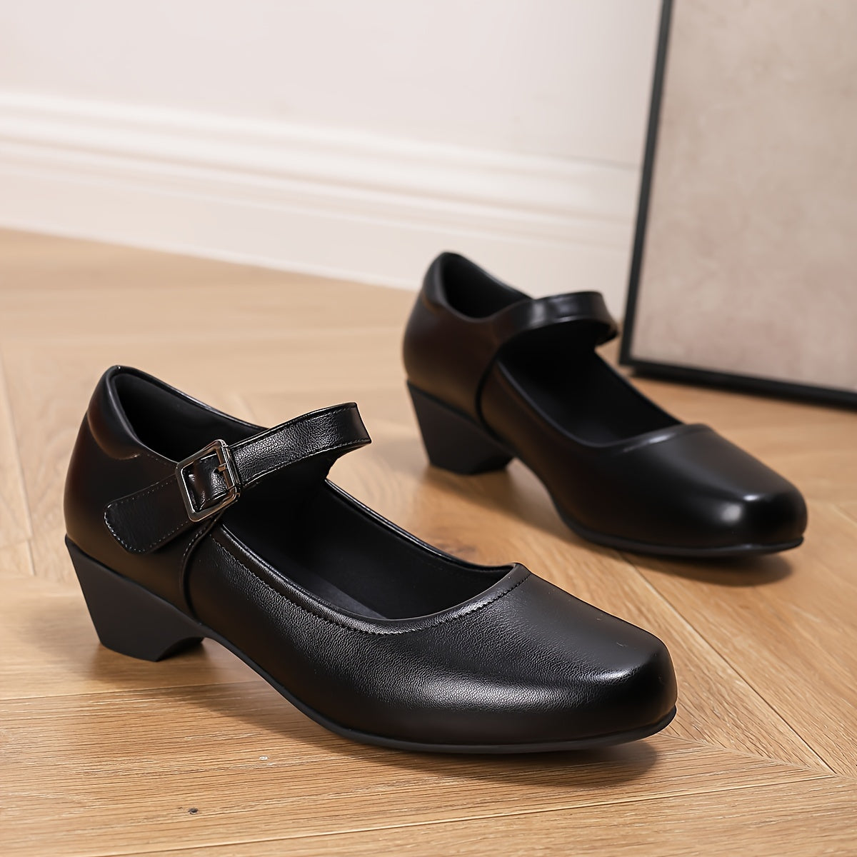 Women Black Synthetic Cover Square Toe Low Block Heel Pumps All-Day Casual Formal