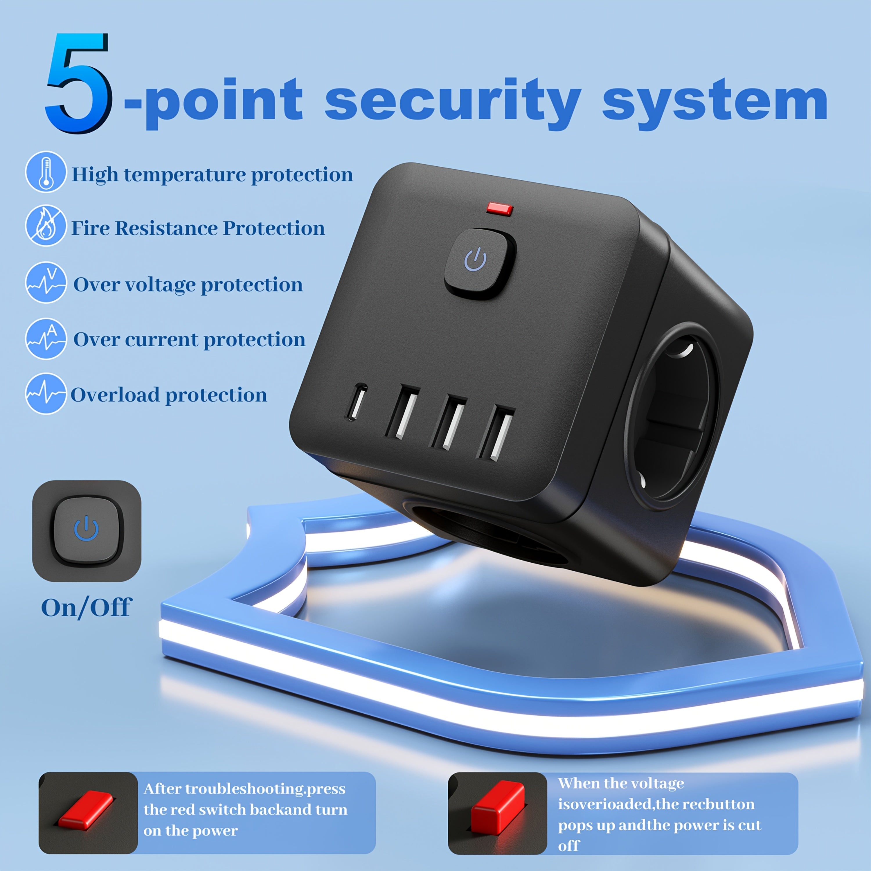 8-in-1 Power Strip with Overload Protection USB Type-C European Plug for Home Office Kitchen