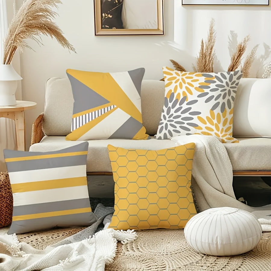 Vibrant Yellow and Gray Geometric Throw Pillow Cover 45cm Polyester Zip Closure