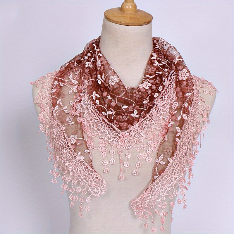 Women's Floral Embroidery Lace Shawl Triangle Scarf Cape Hollow Out Breathable Fabric for Head Covering