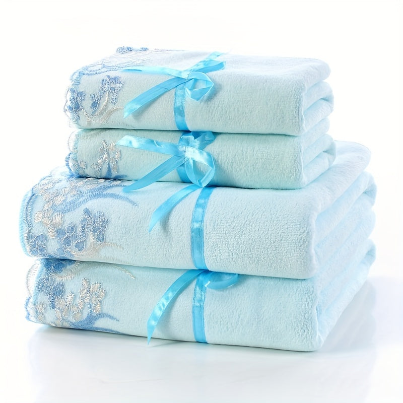 Lace Embroidery Towel Set 4-Piece Bath and Hand Towels Soft Absorbent