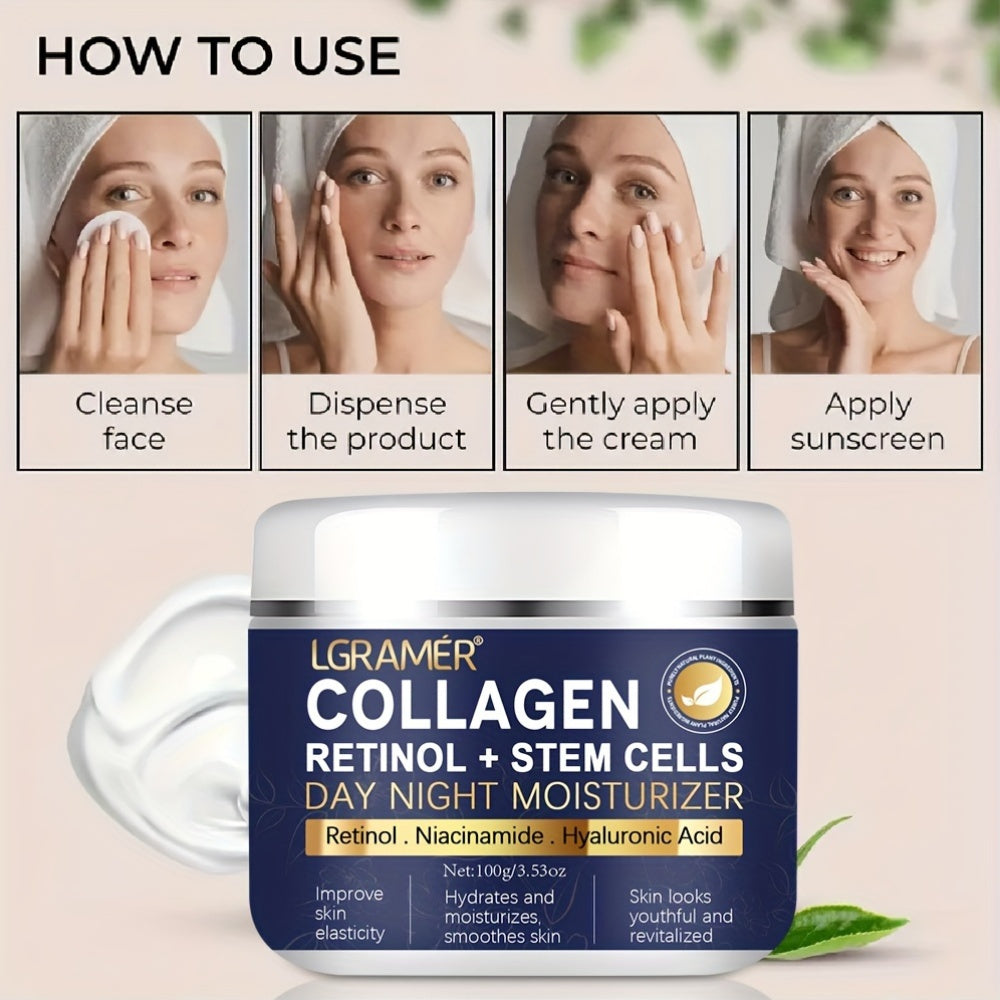 LGRAMER 60г/100г Коллаген Ретинол + Стволовые Клетки Увлажняющий Крем, Дневной и Ночной Крем с Глицерином, Гипоаллергенный для Всех Типов Кожи, Унисекс-Взрослый, Восстанавливает и Сглаживает Кожу