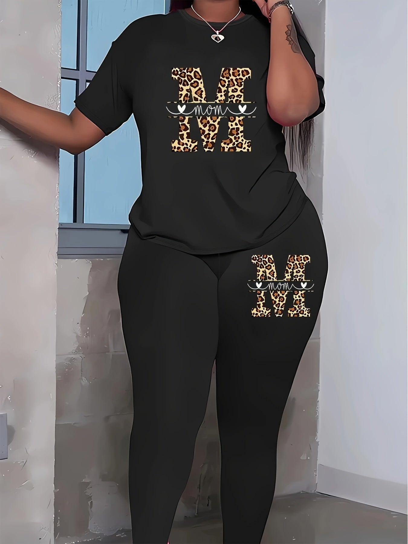 Women’s Graphic T-Shirt and Leggings Set Polyester Spandex Plus Size Casual