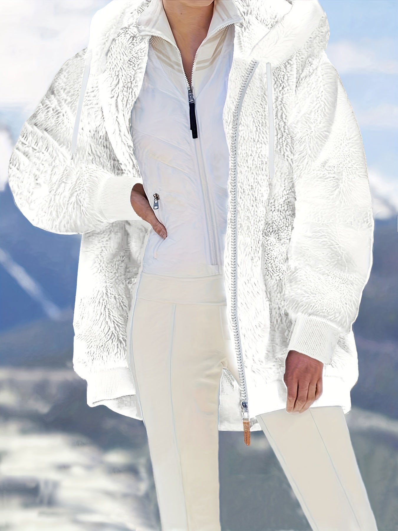 Women's Plus Size Fuzzy Hooded Coat with Pockets for Fall Winter Polyester Elegant