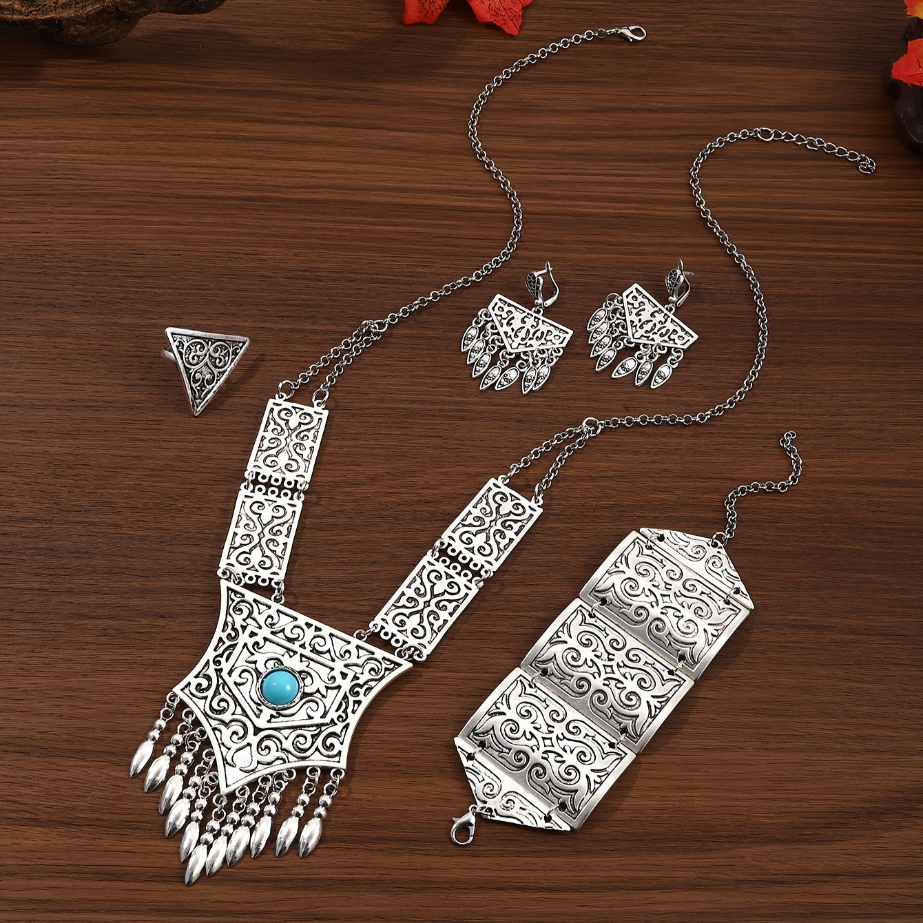 Bohemian Vintage Jewelry Set with Tassel Retro Bracelet Earrings Necklace Ring