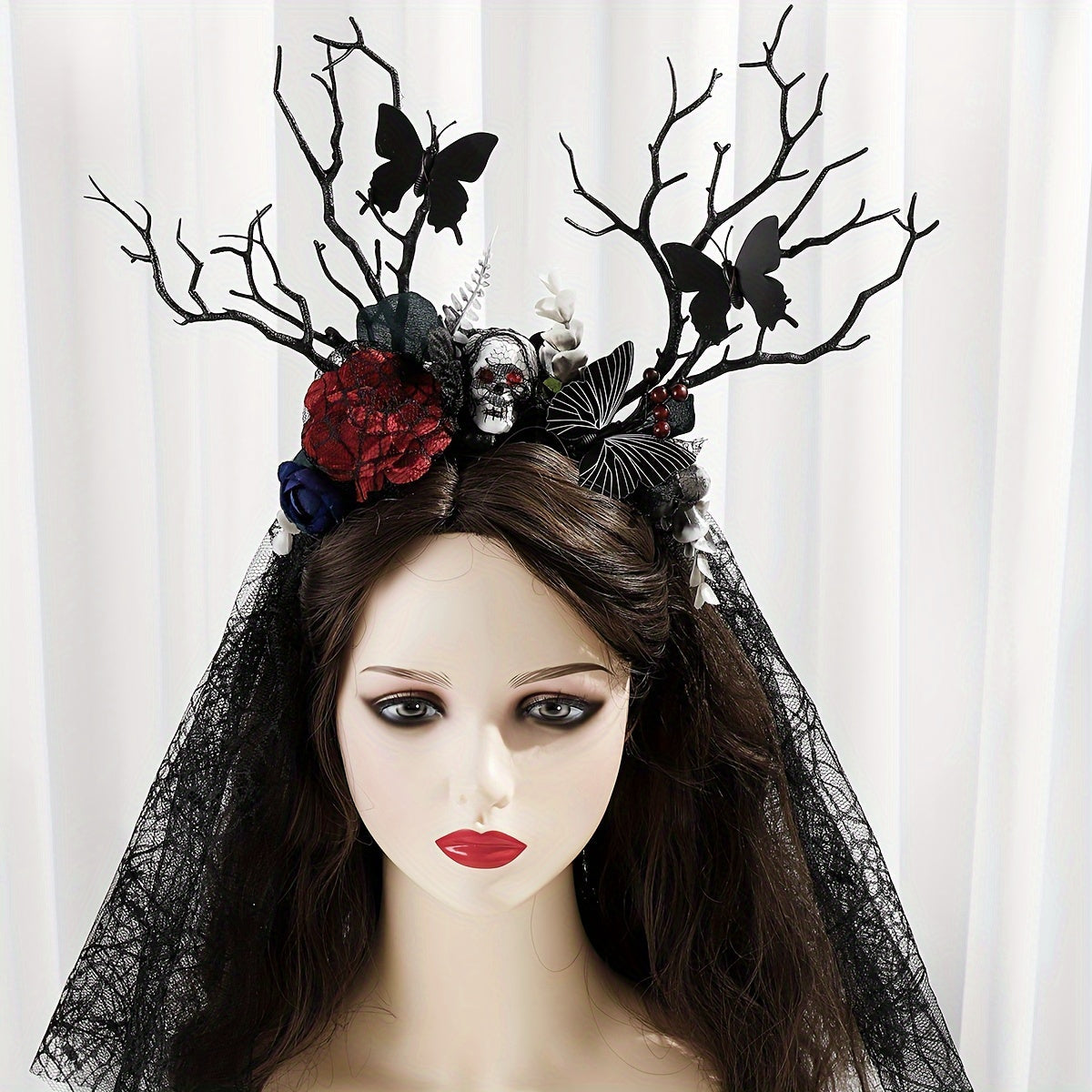 Qora farishta gul boshi bilan qargʻa tarmogʻi toʻqilgan qargʻa bosh kiyim Halloween kostyumlari uchun