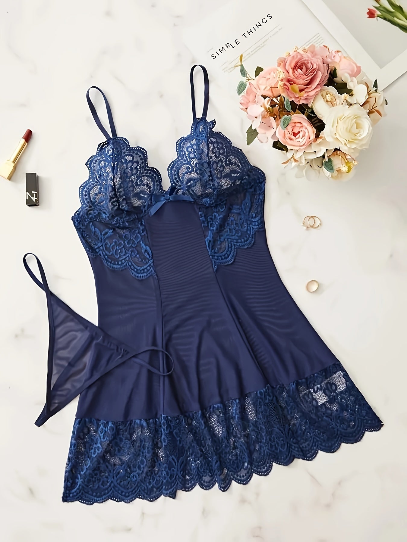 Women's Lace Nightgown Set with Thong, Seductive, Adjustable Straps