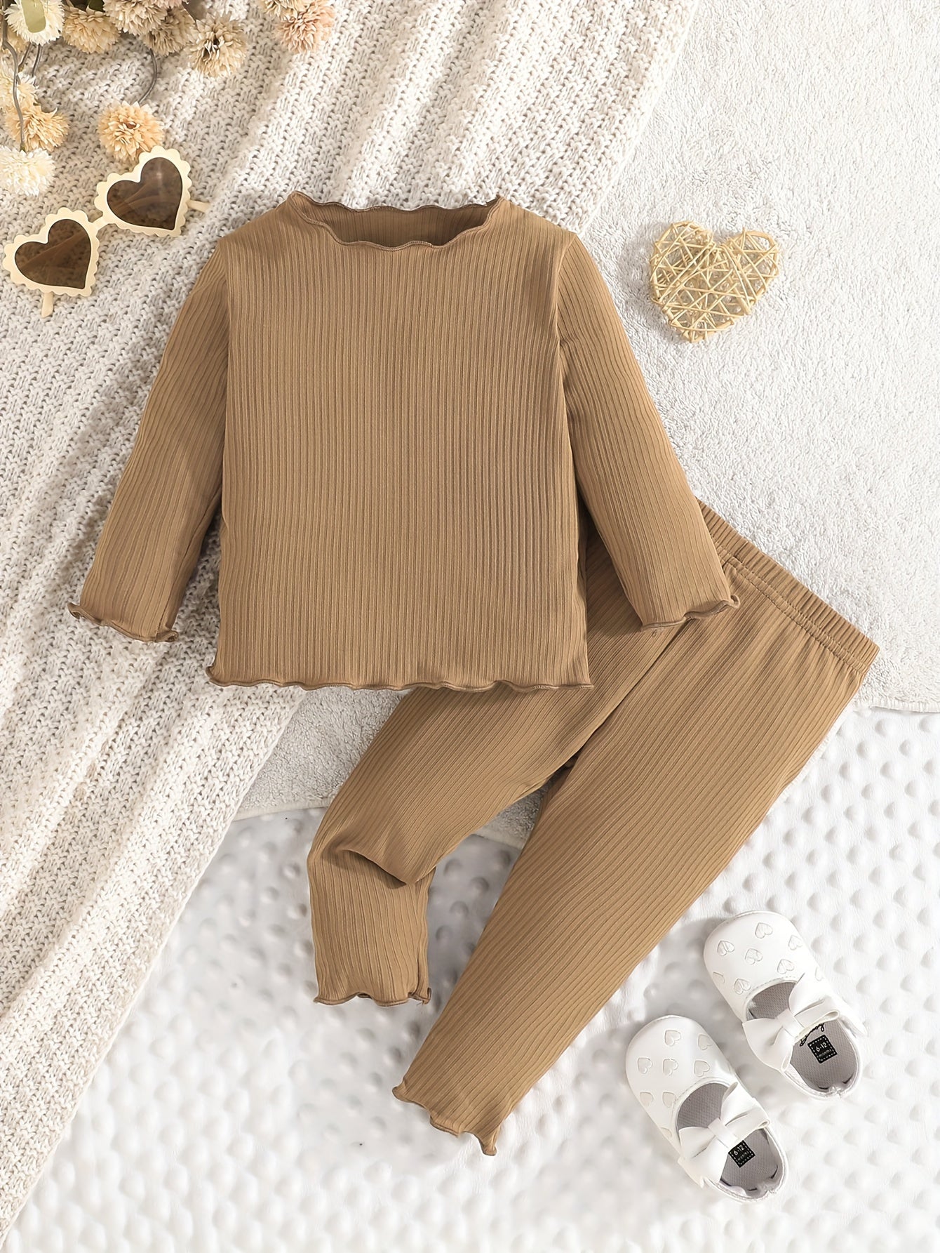 Girls' 3-Piece Long Sleeve Outfit Set with Heart Pattern Brown Black Polyester All-Season