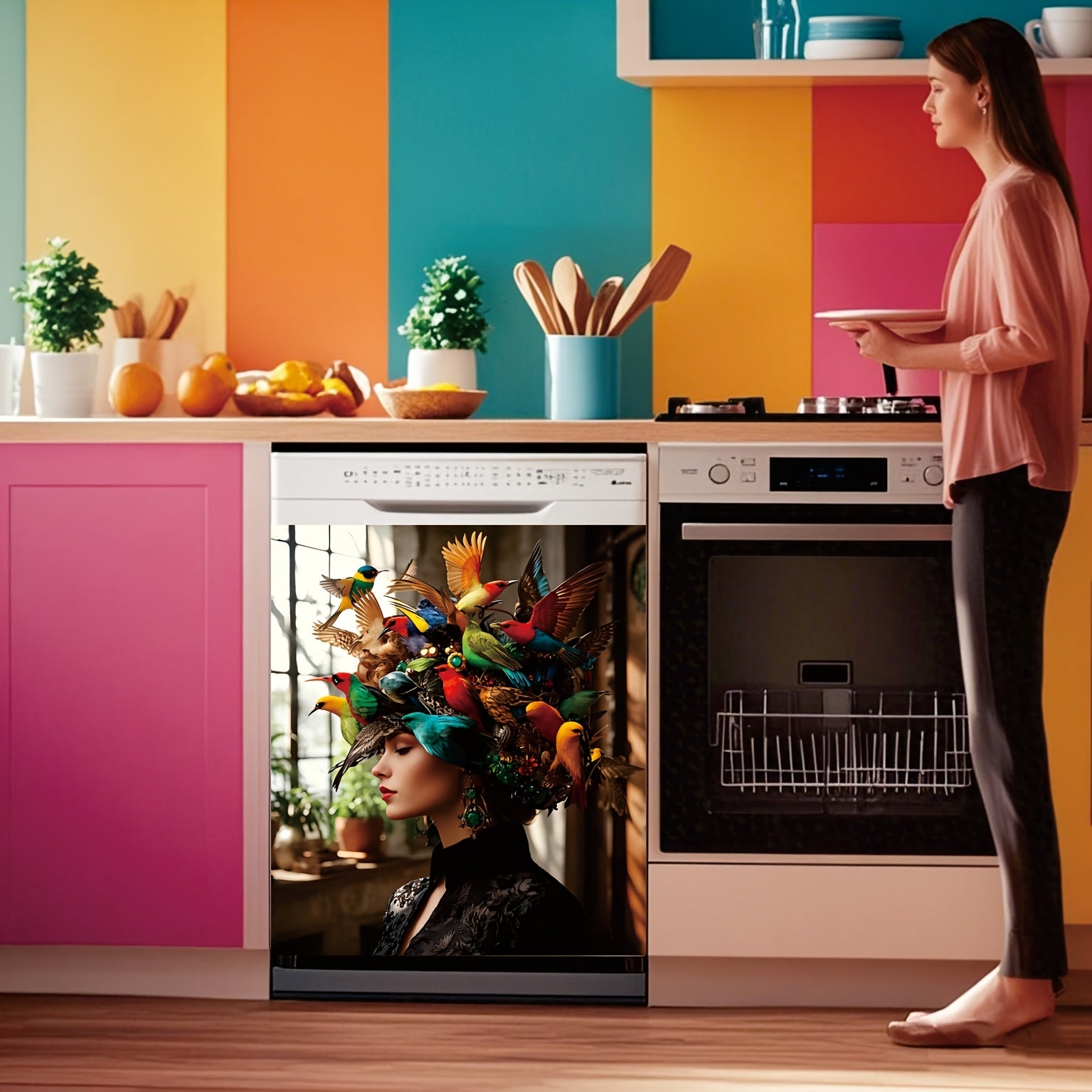 Floral Bird Crown Dishwasher Door Decal PVC No Battery Needed Home Decor Gift