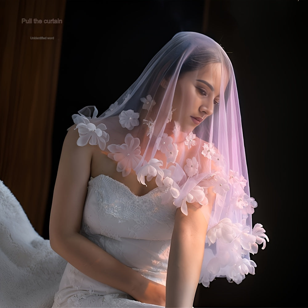 Floral Bridal Veil Pink White Flower Wedding Headpiece Polyester Spandex