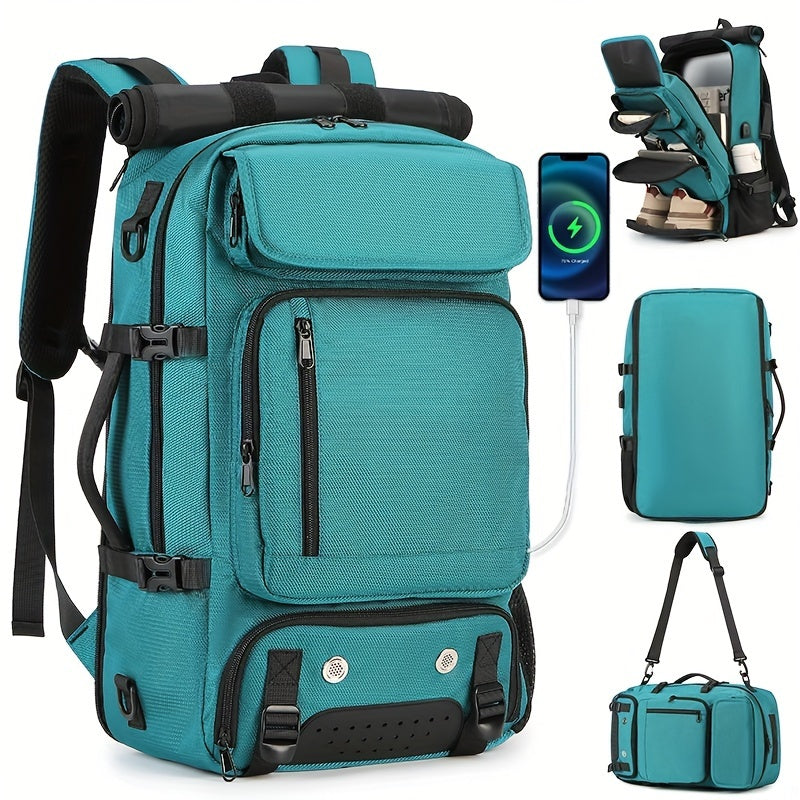 Black Waterproof Hiking Backpack with Shoe Compartment and Adjustable Straps