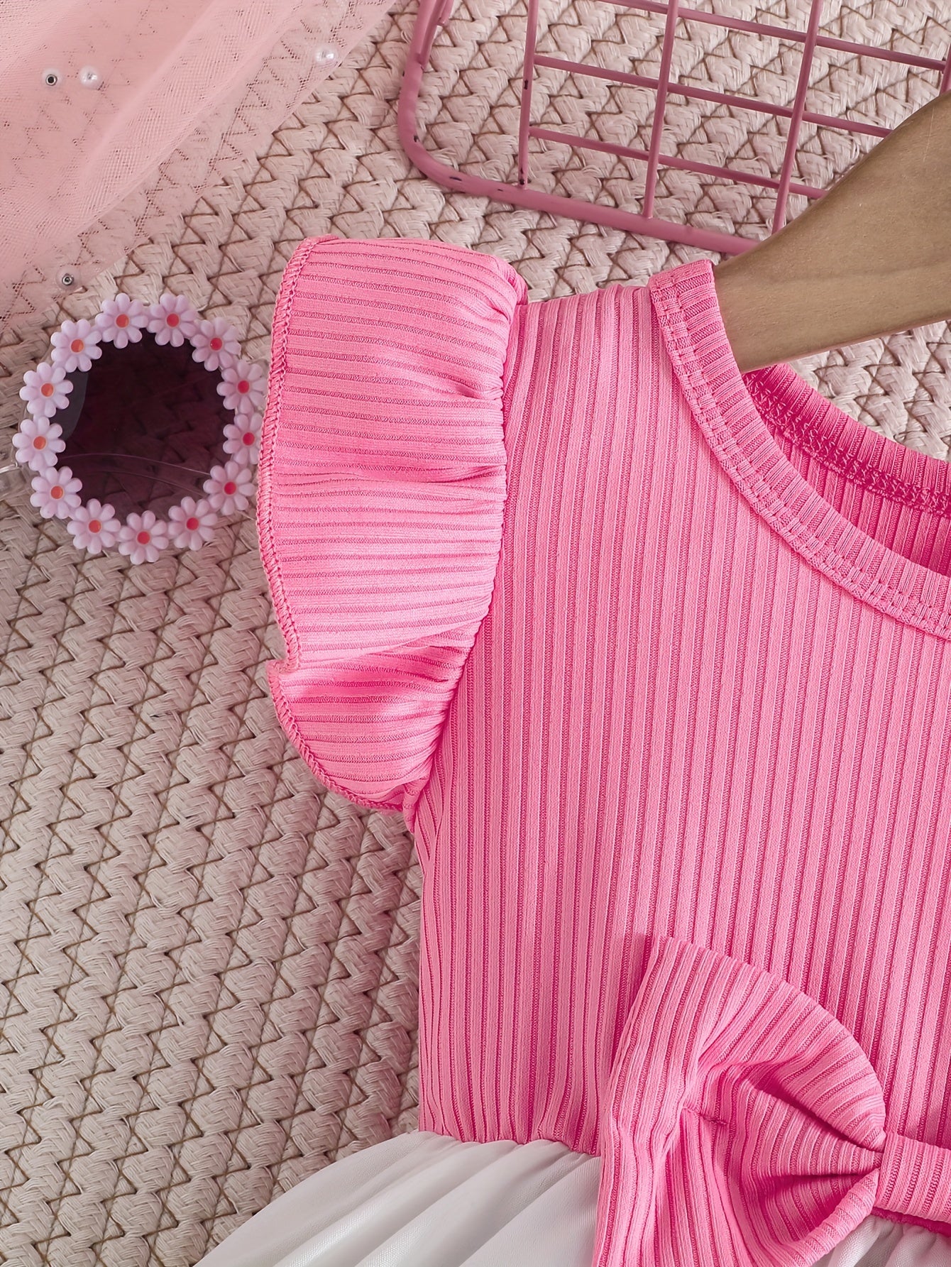 Girls Floral Ruffle Sleeve Dress Polyester Knit Casual Spring Summer Ages 12 and Under