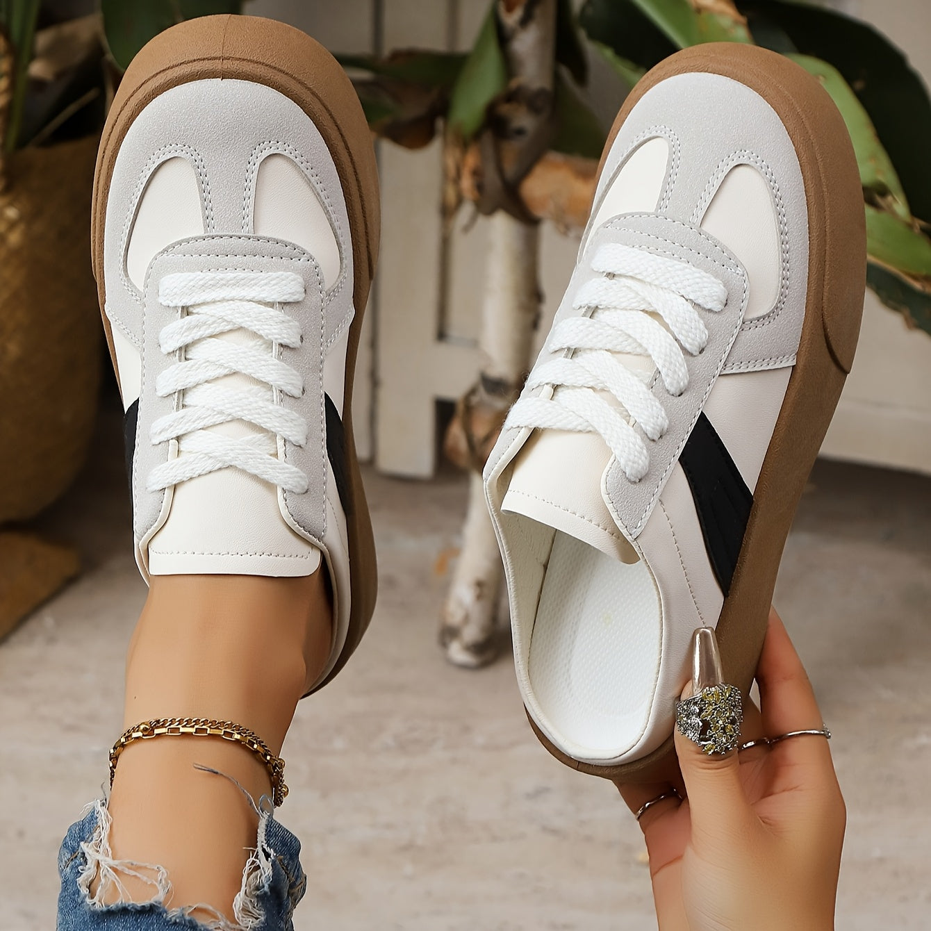 Women's Slip-On Platform Mules - Casual Sandals with Thick Sole Black and White