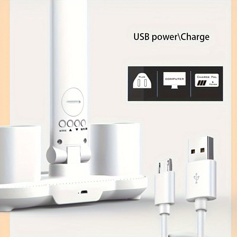 Lámpara de escritorio LED con protección ocular, diseño plegable, pantalla de hora, carga USB para estudio y dormitorio