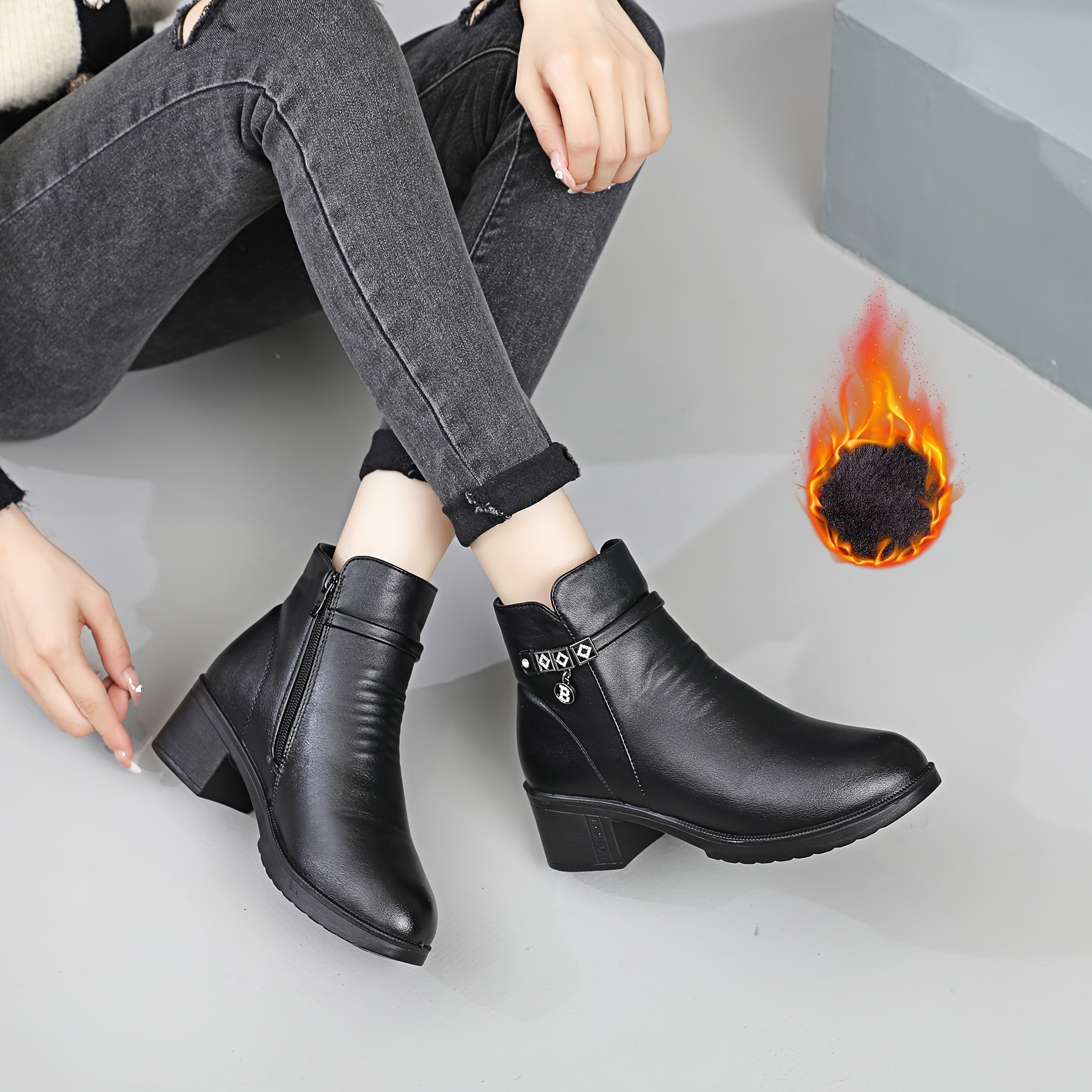 Women’s Ankle Boots With Chunky Heel Zipper Cold Weather Shoes