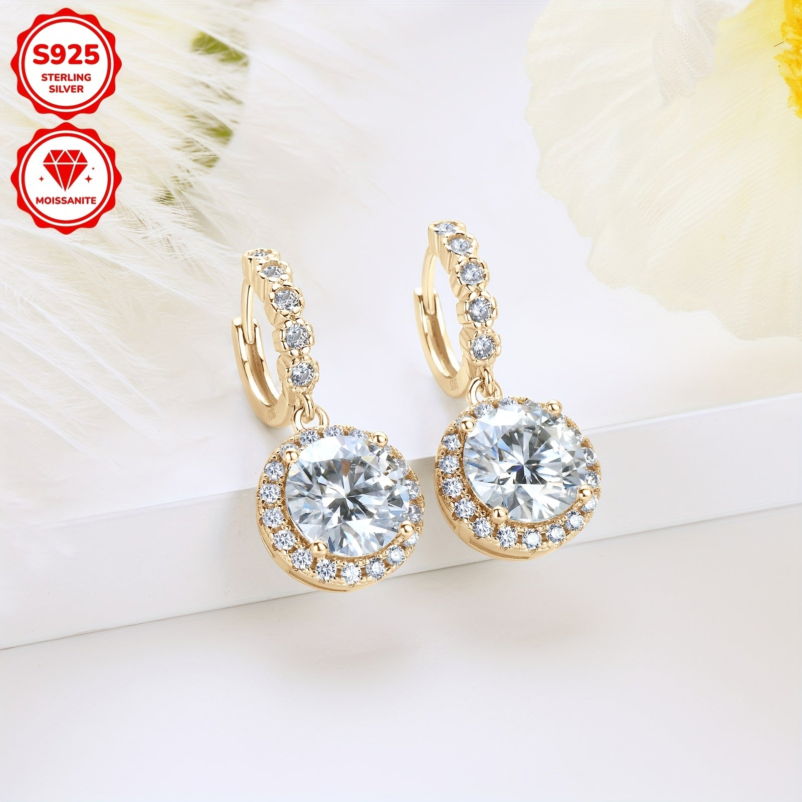 Sterling Silver Hoop Earrings with Synthetic Moissanite in 14K Gold Plating for Wedding Party Holiday
