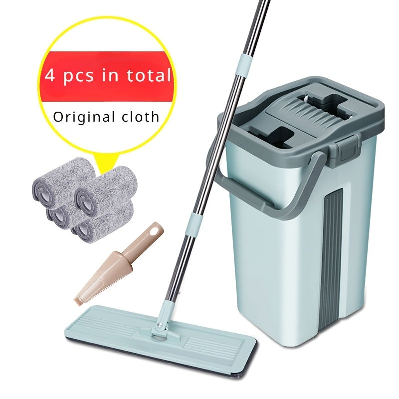 Conjunto de fregona de suelo plano con almohadillas reutilizables, doble función húmeda y seca, cubo con escurrido automático