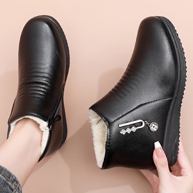 Women’s Winter Boots Slip-On Zipper Faux Leather Non-Slip Warm Shoes Black