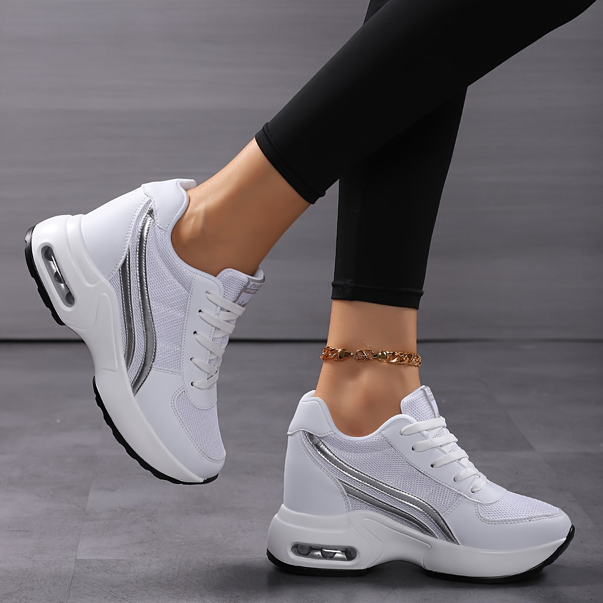 Women's Mesh Wedge Sneakers Casual Lace-Up White Air Cushion Shoes