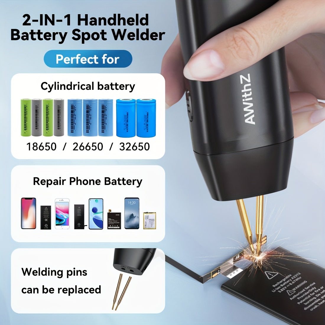 11 ta sozlanadigan darajaga ega qayta zaryadlanadigan qo'l bilan ishlov beruvchi nuqta payvandlovchi, DIY 18650 batareyalari va elektron loyihalar uchun ideal. Avtomatik va qo'lda rejimlar uchun mos, elektronika uchun mukammal.