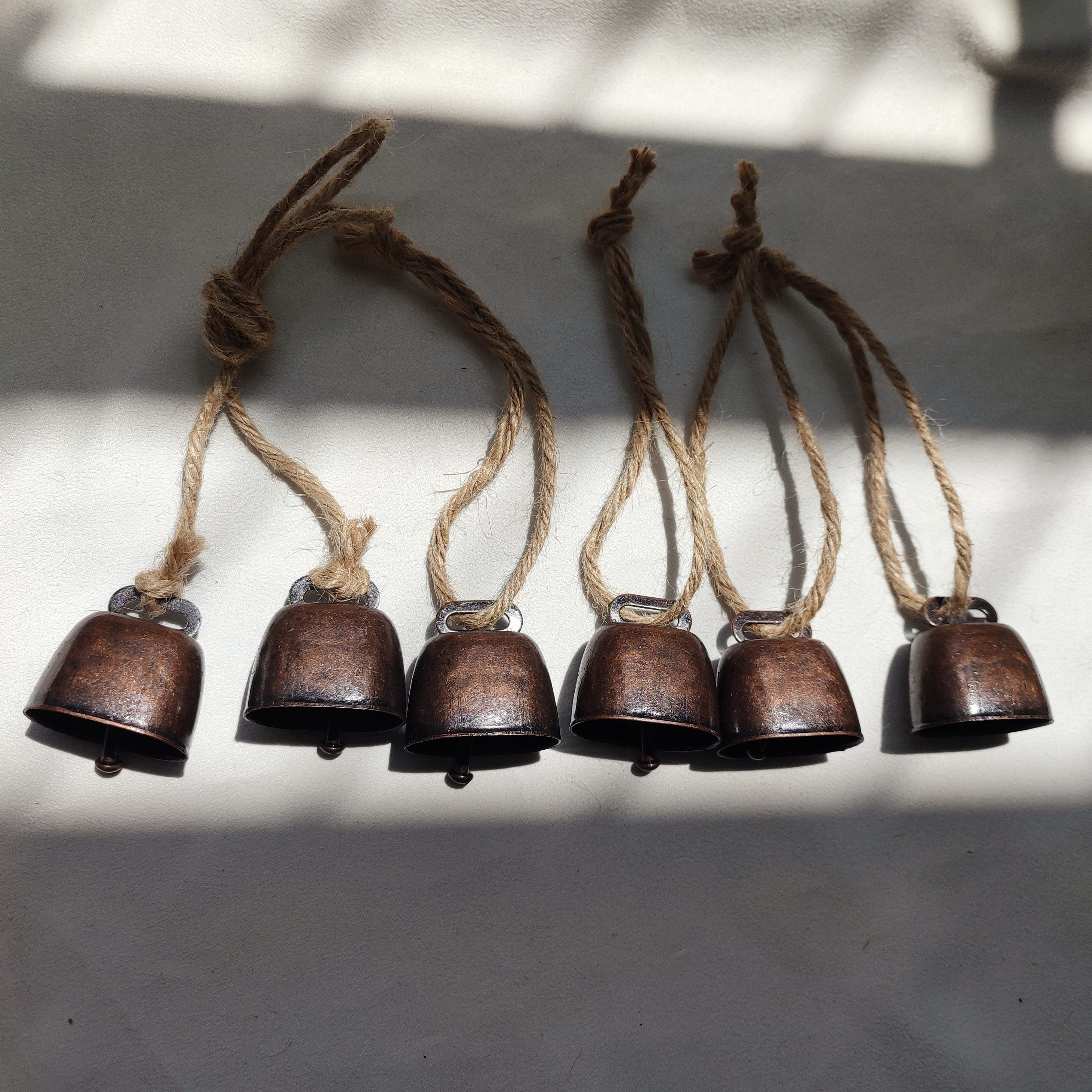 Set of 6 Cast Iron Cowbells with Rope for Decorations and Pet Accessories