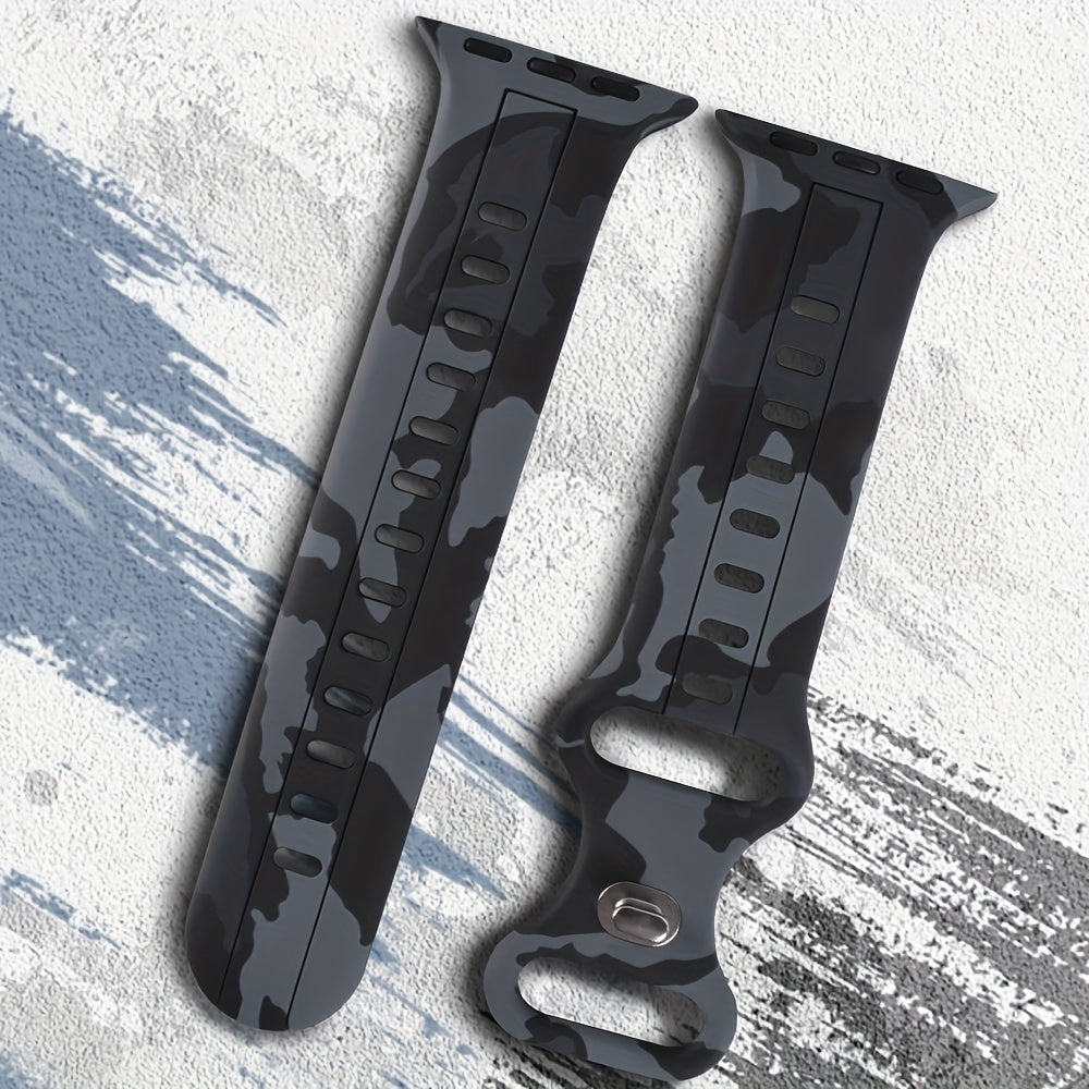 Ko'p rangli kamuflyaj silikondan yasalgan sport tasmasi IWatch Series 9-1 SE uchun, suv o'tkazmaydigan, terga chidamli, qulay, mustahkam, metall sozlash teshigi bilan, kapalak dumiga o'xshash dizayn.