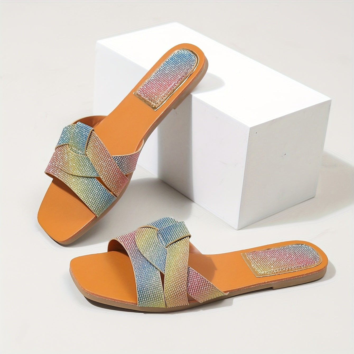 Women's Flat Sandals Open-Toe Slip-On with Sparkling Strap for Beach Holiday