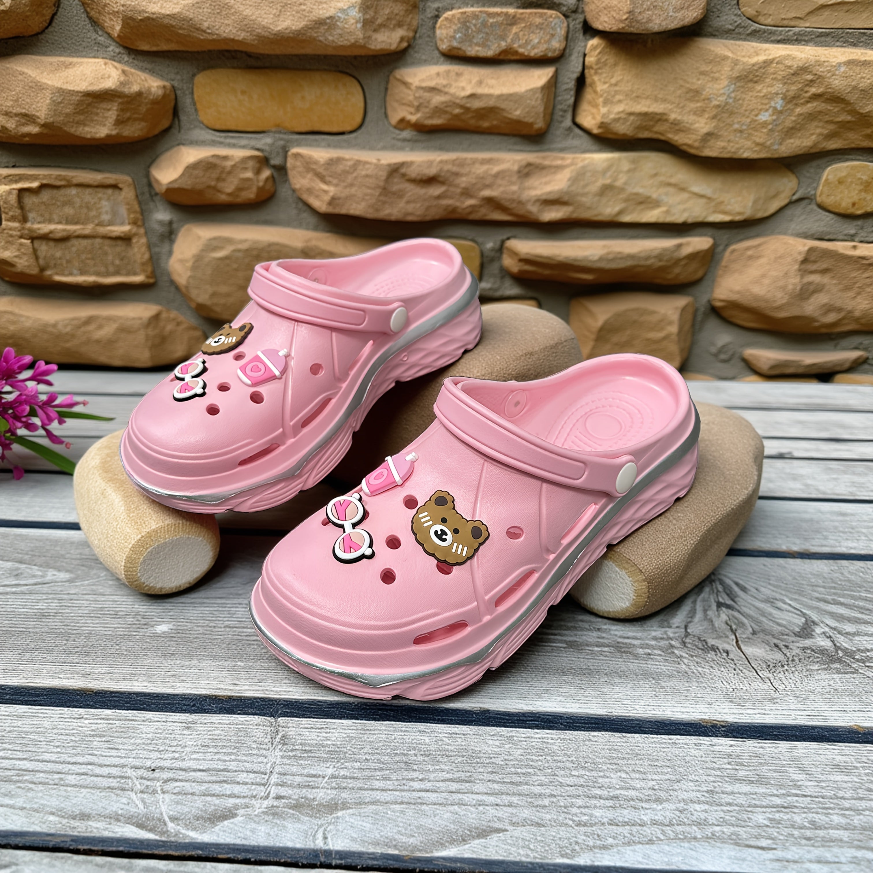 Women's Bear Cartoon Slippers EVA Clogs with Pink Bow Indoor Outdoor