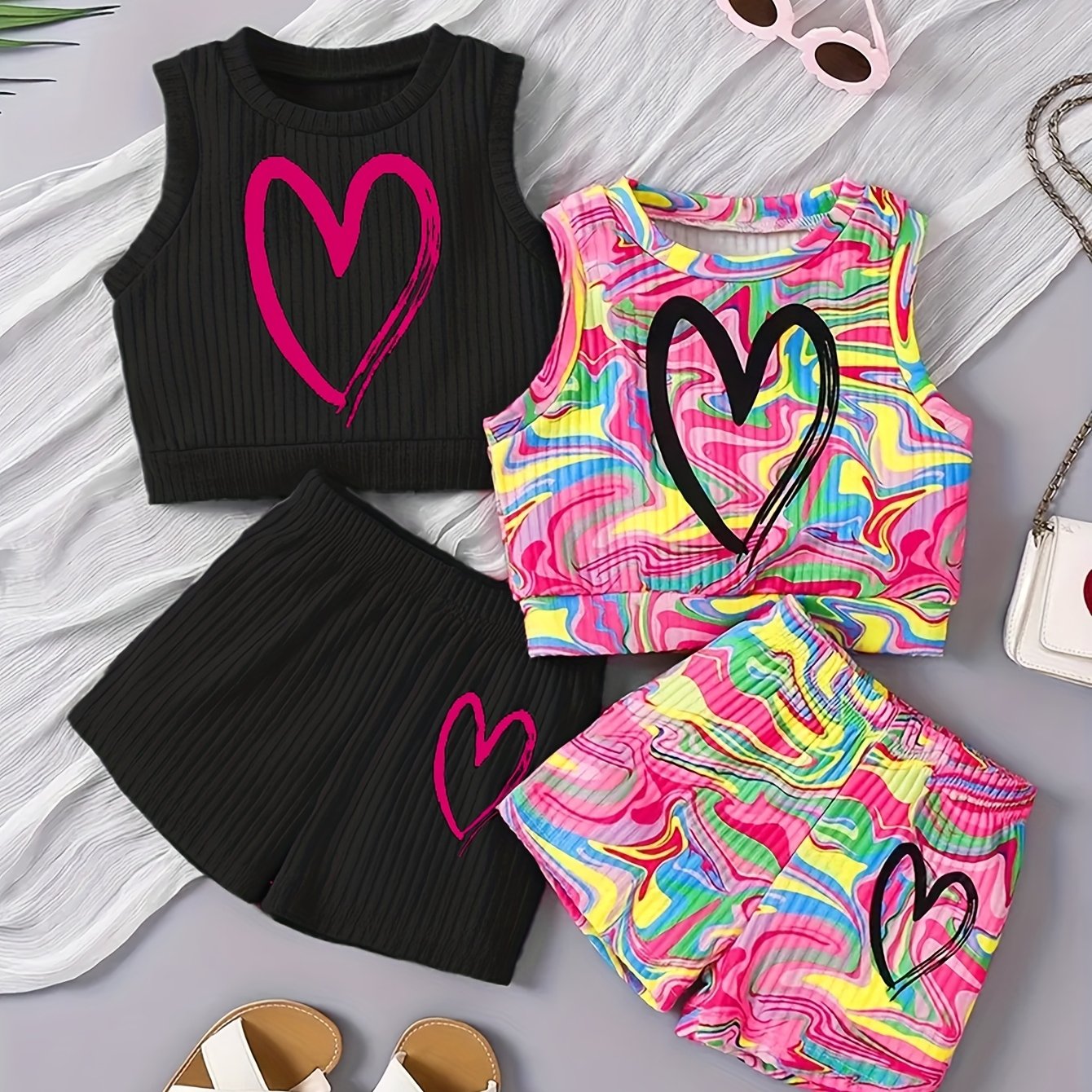 Girls Summer Outfit Set 4 Pieces Heart Print Tank Top and Shorts Polyester Knit Casual