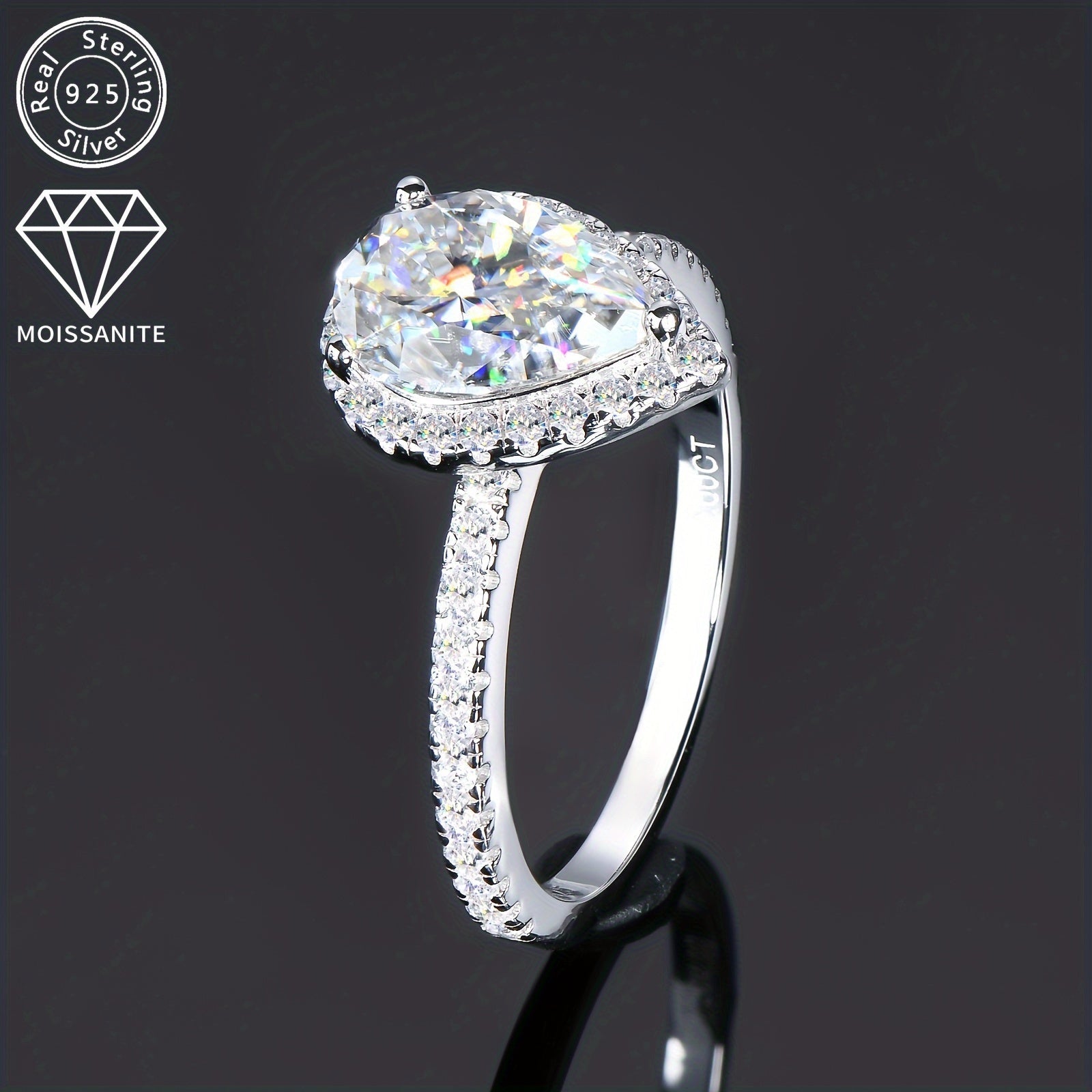 Women's Sterling Silver Engagement Ring with 2 Carat Pear-Shaped Moissanite Center and Surrounding Stones