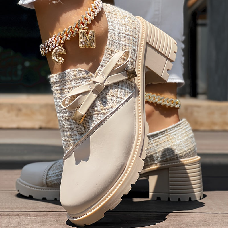 Women's Colorblock Dress Shoes with Bowknot Zipper Chunky Heel