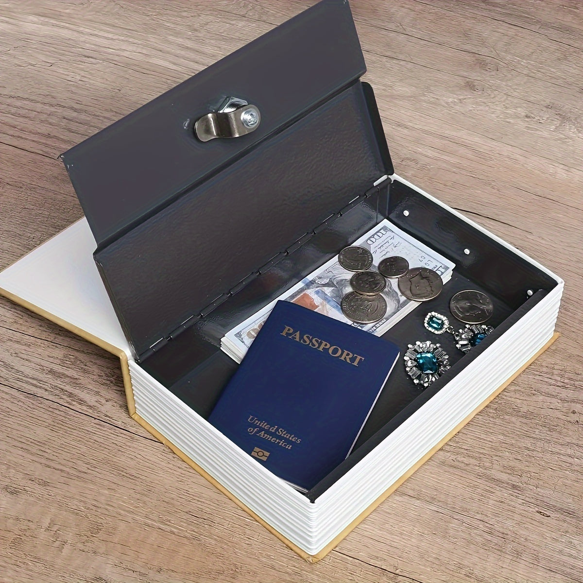 Book Style Safe Box with Keys for Cash Jewelry and Valuables Black and White 18.49x11.99x5.49cm Durable Iron Storage Container