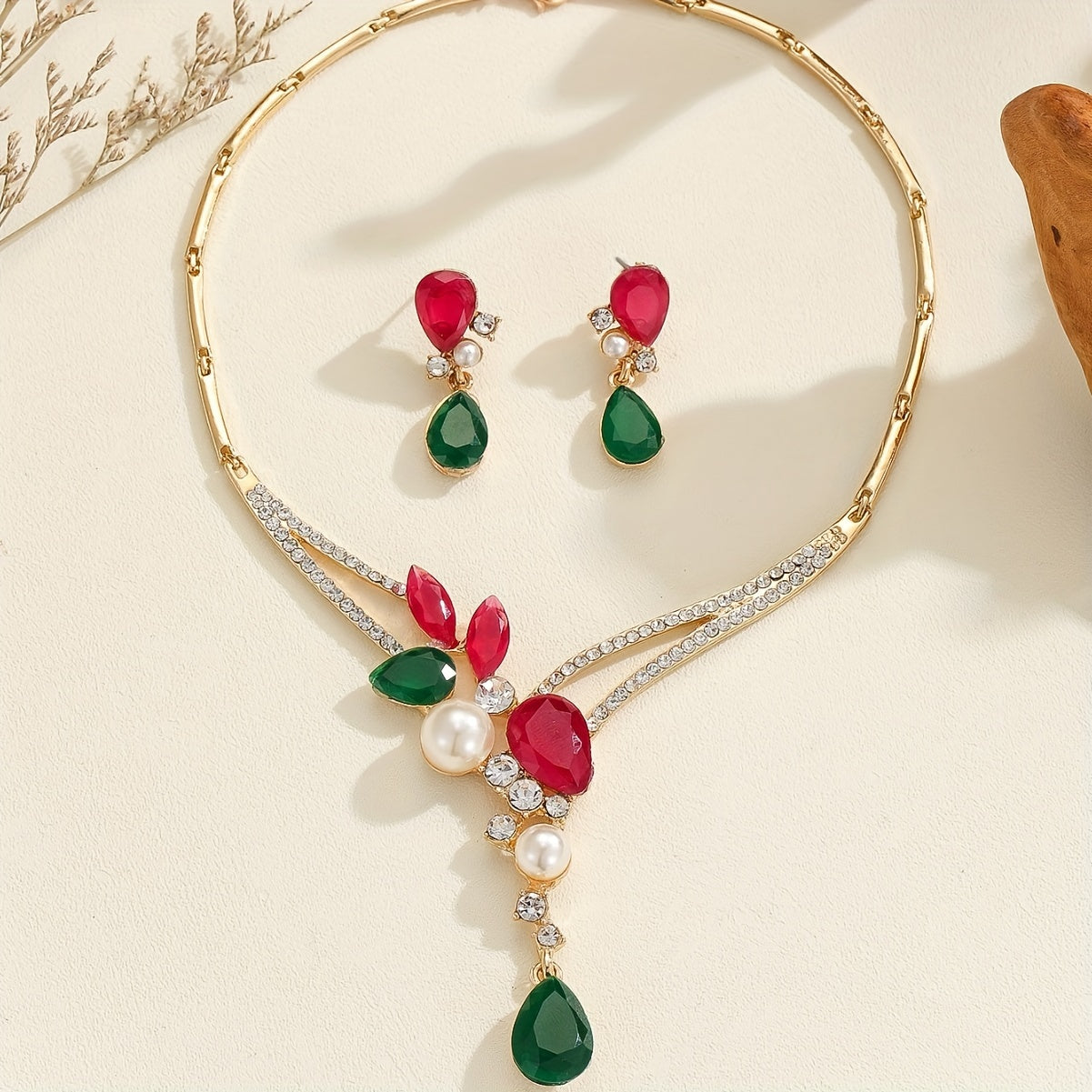 Vintage Jewelry Set with Geometric Red and Green Pendant for Weddings and Events Includes Zinc Alloy Necklace and Stainless Steel Ear Needles